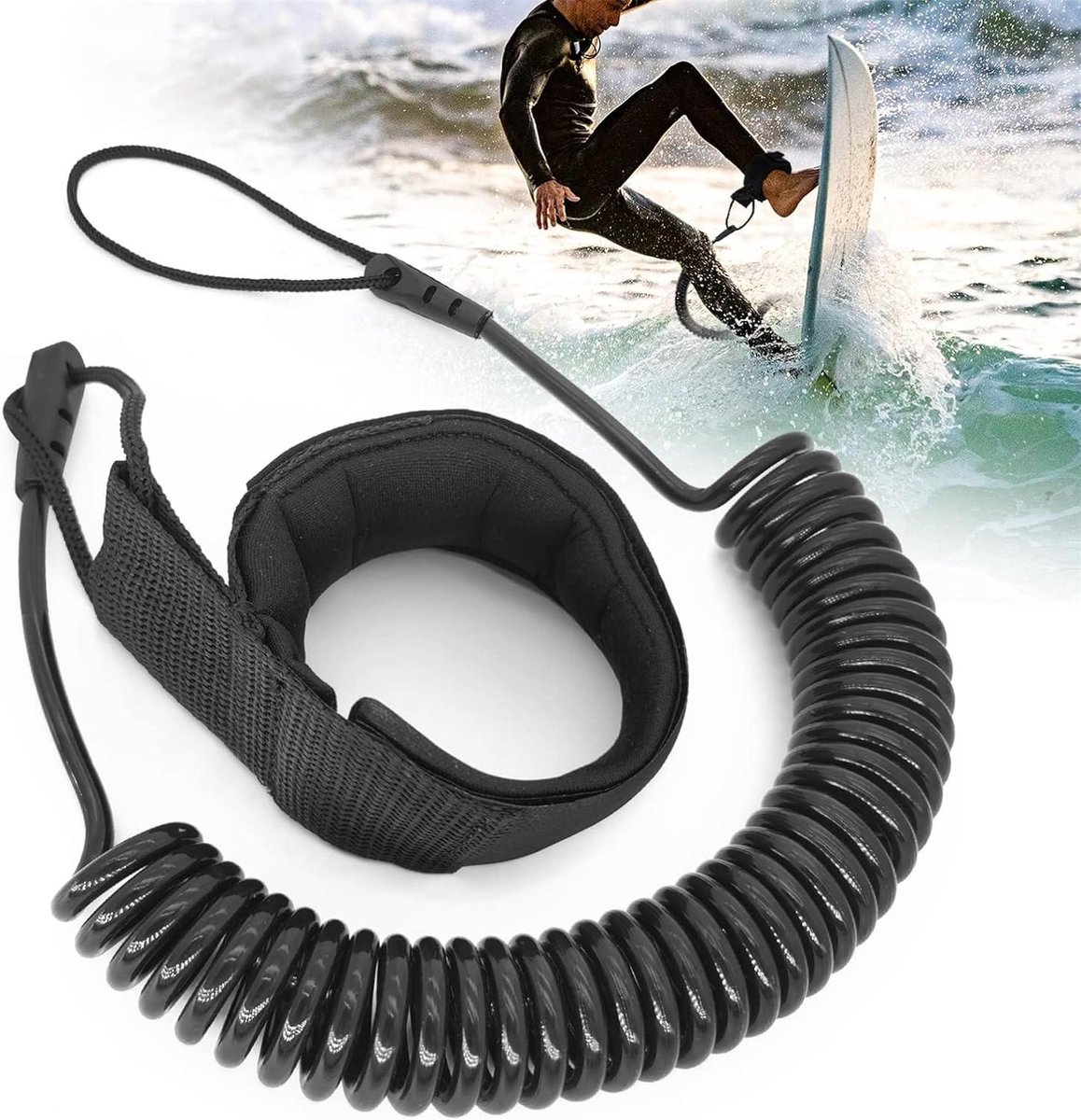 Veiligheidslijn voor SUP en kajak - Elastische voetlus inclusief terugrolsysteem voor surfplanken en supboard - Waterveiligheidstouw met spiraalsluiting
