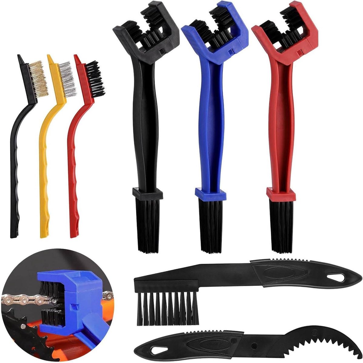 Allecto Plus - Kettingreinigingsborstel set - 8 stuks - Motorfiets en fiets - Reinigingsgereedschap - Versnelling en tandwielen - Onderhoud van ketting