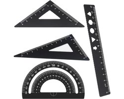 Allecto Plus - Metalen linialen set van 4 stuks - 15 cm liniaal met gradenboog - Driehoekige schaal - Voor scholieren, leraren, architecten, ingenieurs - Zwart