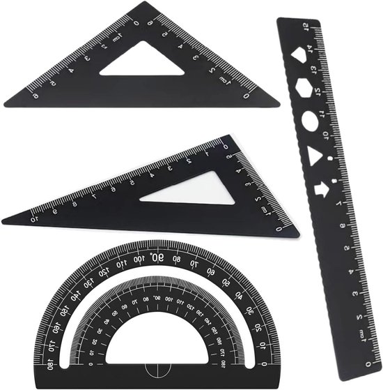 Allecto Plus - Metalen linialen set van 4 stuks - 15 cm liniaal met gradenboog - Driehoekige schaal - Voor scholieren, leraren, architecten, ingenieurs - Zwart