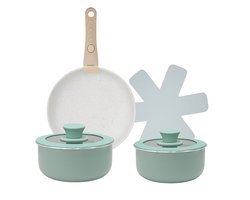 Batterie de cuisine 8 pièces – Vert menthe – Manche en bois interchangeable – Ultra antiadhésif – Compatible toutes sources de chaleur