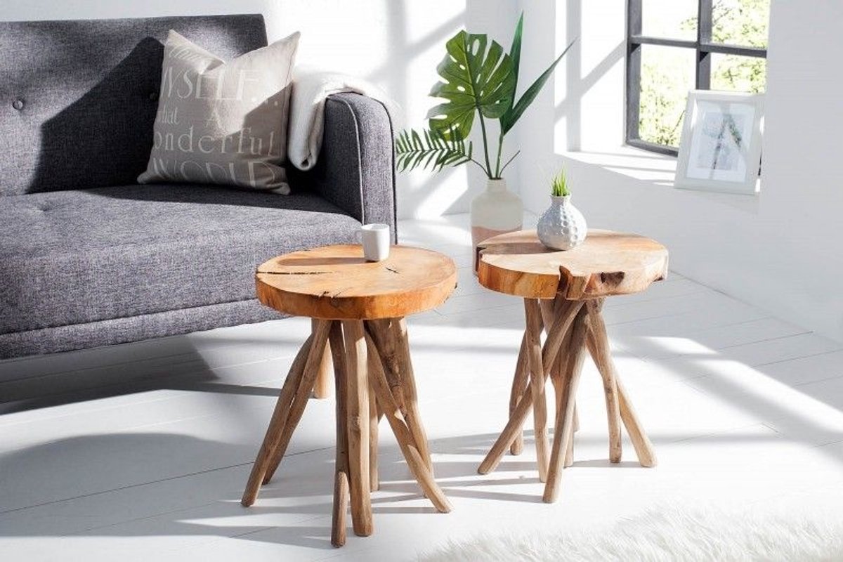 Exclusieve bijzettafel ROOT 30cm natuurlijk teak massief hout kruk wortelhout rond - 37629
