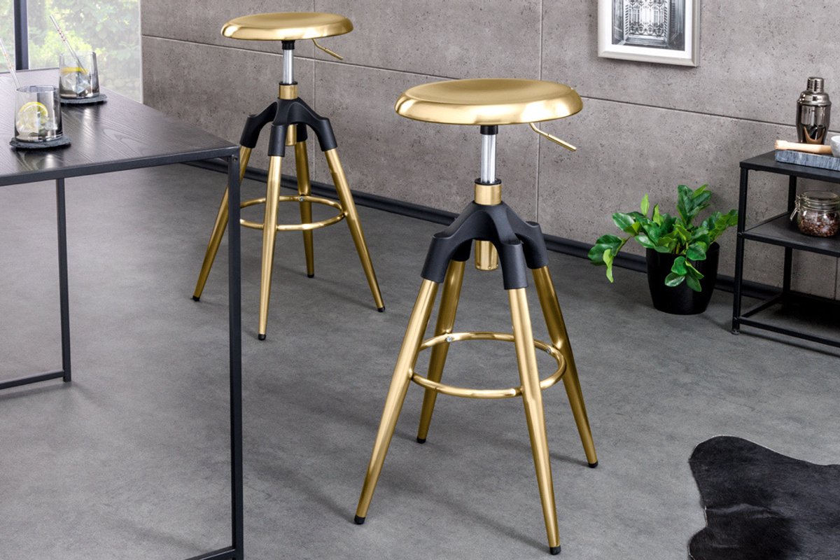 In hoogte verstelbare barkruk INDUSTRIAL goud zwart metaal rond draaibaar industrieel design - 43654