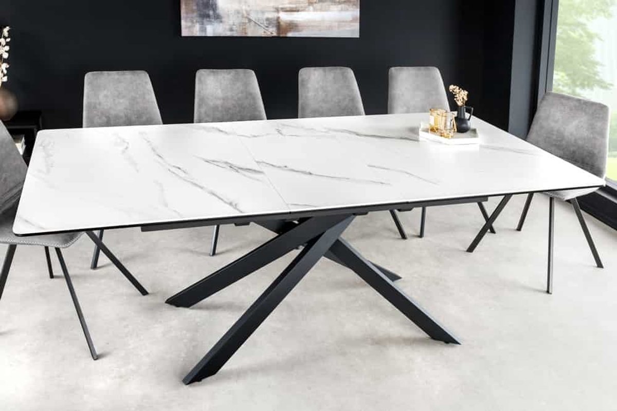 Invicta Interior Uitschuifbare eettafel ALPINE 160-200cm wit keramiek marmer zwart metalen frame - 43844 Zie omschrijving