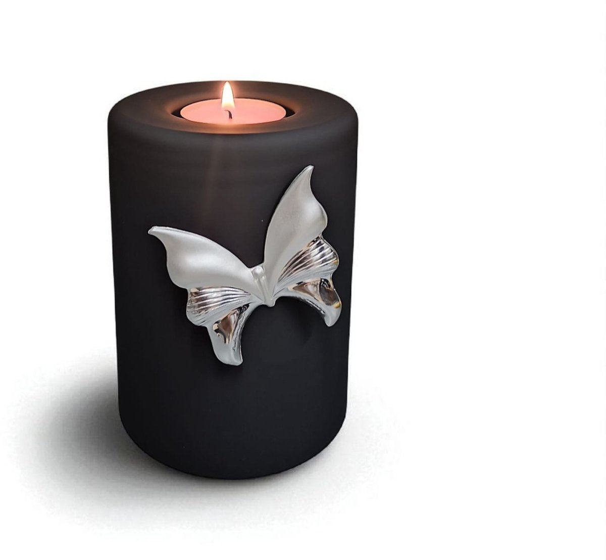 Mini Urn met kaarshouder - Glas - Handgemaakt - Zwart / Zilver - 400 ml - Urn voor mensen - Urn voor dieren - Incl. deksel, kaarsje & aszakje - verzilverde vlinder (.925)