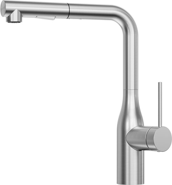 Rvs keukenkraan met hoge, gebogen uitloop en uittrekbare handdouche.