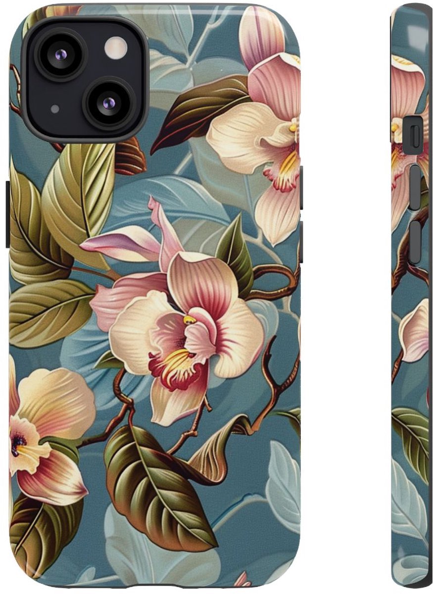 Orchideeën Bloemenpatroon op Blauwe Achtergrond – Telefoonhoesje Geschikt voor iPhone 13