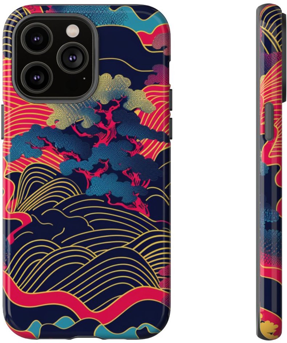 Neon Japanse Landschapspatroon – Telefoonhoesje Geschikt voor iPhone 14 Pro Max