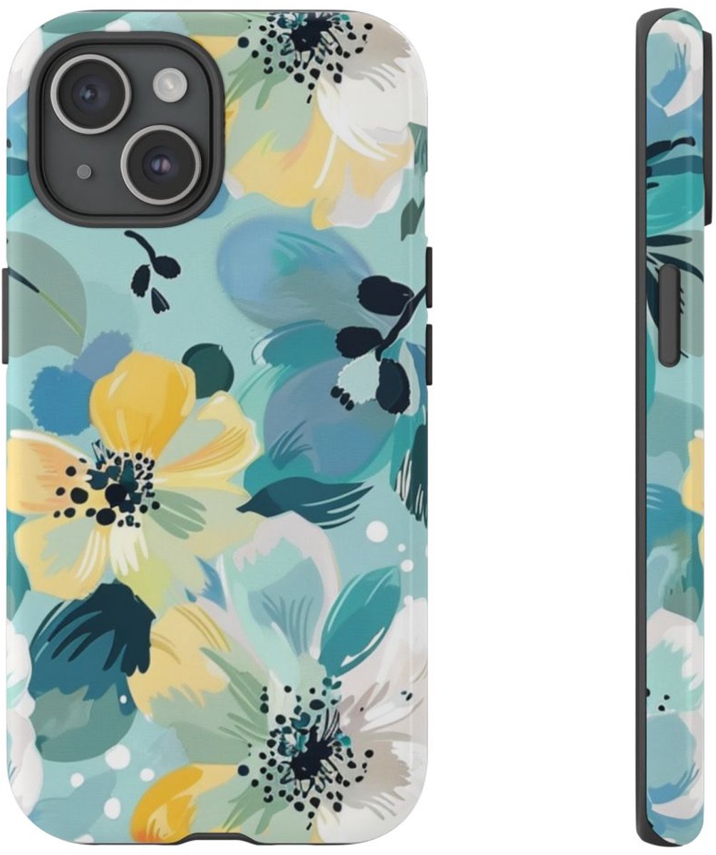 Turquoise Bloemenpatroon met Stippen – Telefoonhoesje Geschikt voor iPhone 15
