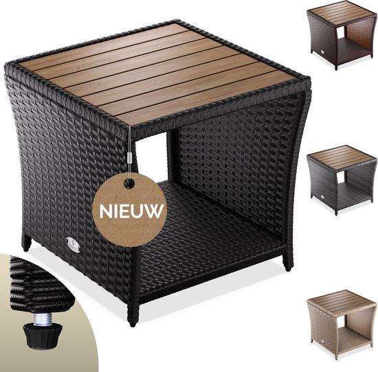Zwarte vierkante bijzettafel met houten tafelblad, met productinformatie "Nieuw".