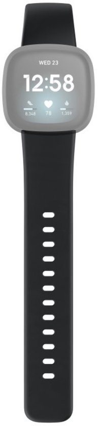 Fitbit noir avec lunette grise et écran lumineux affichant 12h58, fréquence cardiaque et pas.