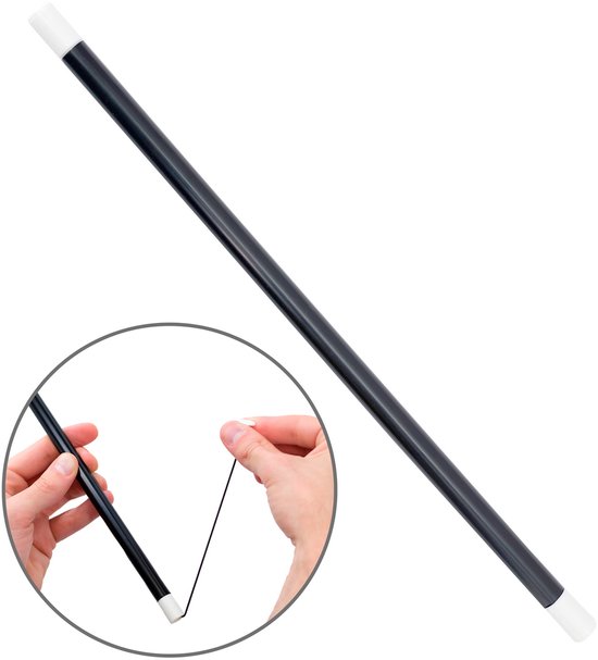 Zwarte toverstaf van 33 cm met witte uiteinden, inclusief een detailopname van een uittrekbaar elastisch koord.