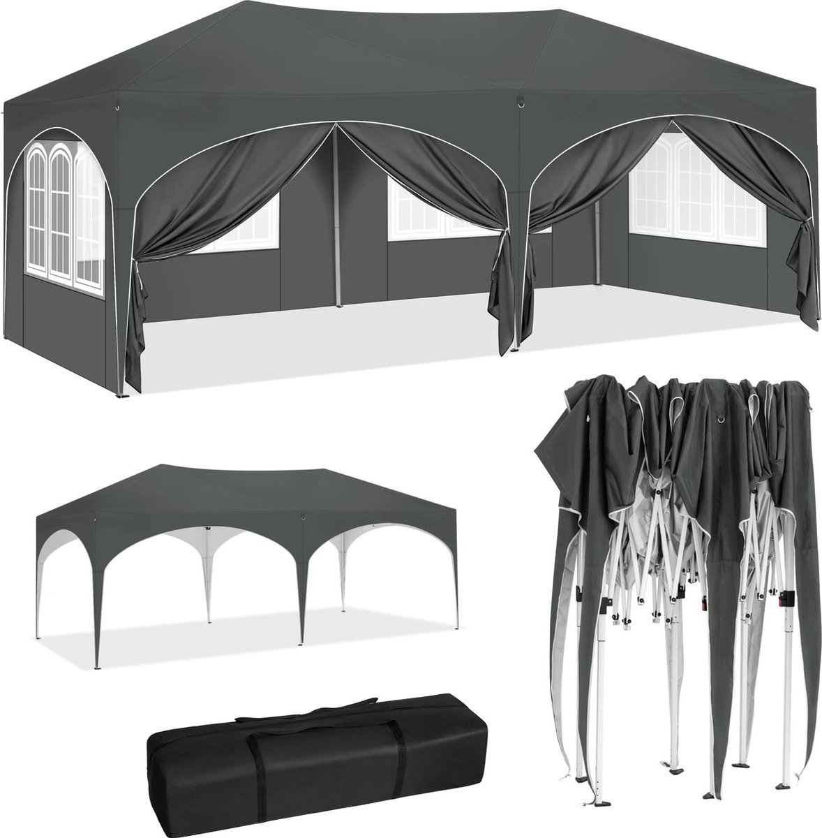 Partytent 3x6 m Grijs - Partytenten opvouwbaar - Paviljoen - Party tent waterbestendig - Metaal Easy-Up mechanisme - 50+ UV beschermingsfactor - Feesttent met afneembare 6 zijwanden