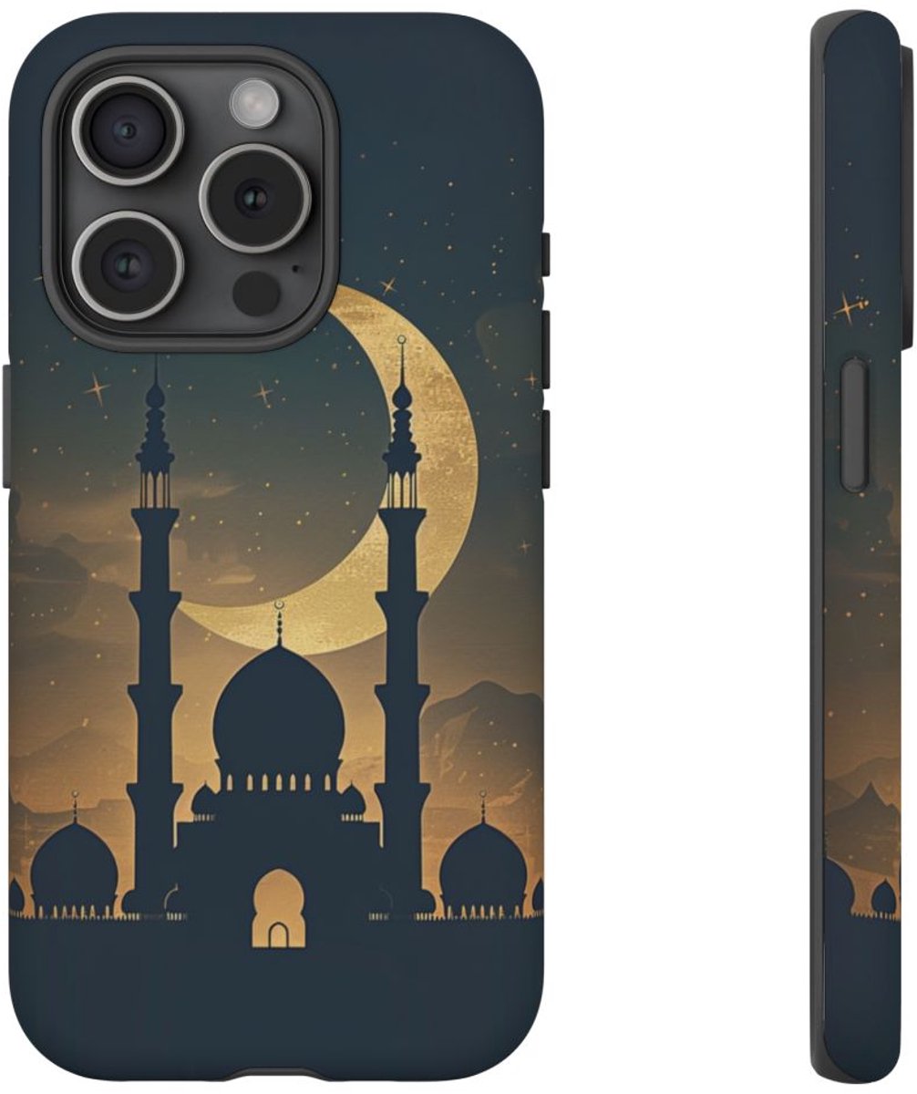 Crescentmaan en Moskee Silhouet – Telefoonhoesje Geschikt voor iPhone 15 Pro