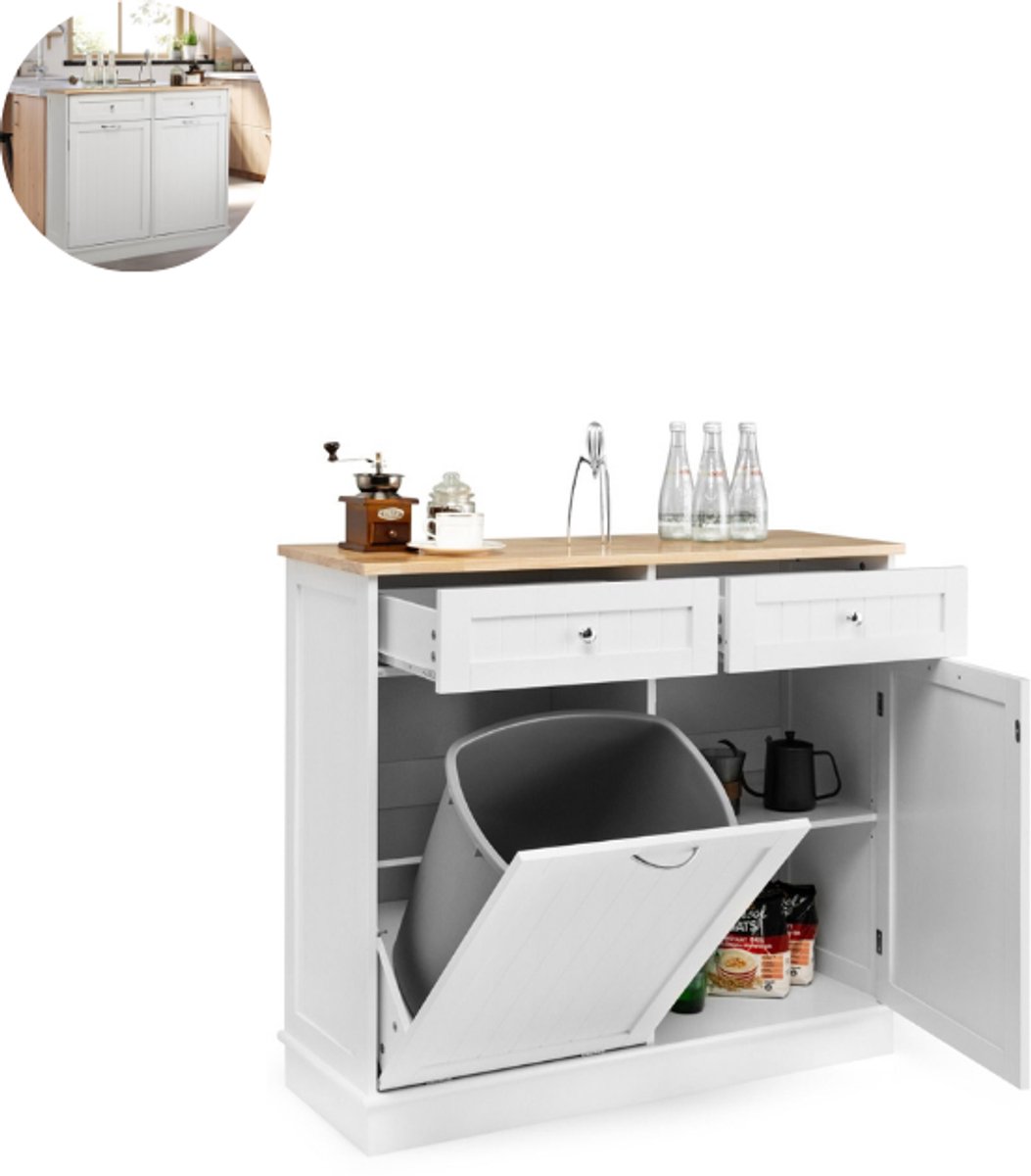 Keukeneiland - Verplaatsbaar - Keukenkast - Dressoir - Organizer - Kasten - RVS Werkblad - 2 Deuren - Wit
