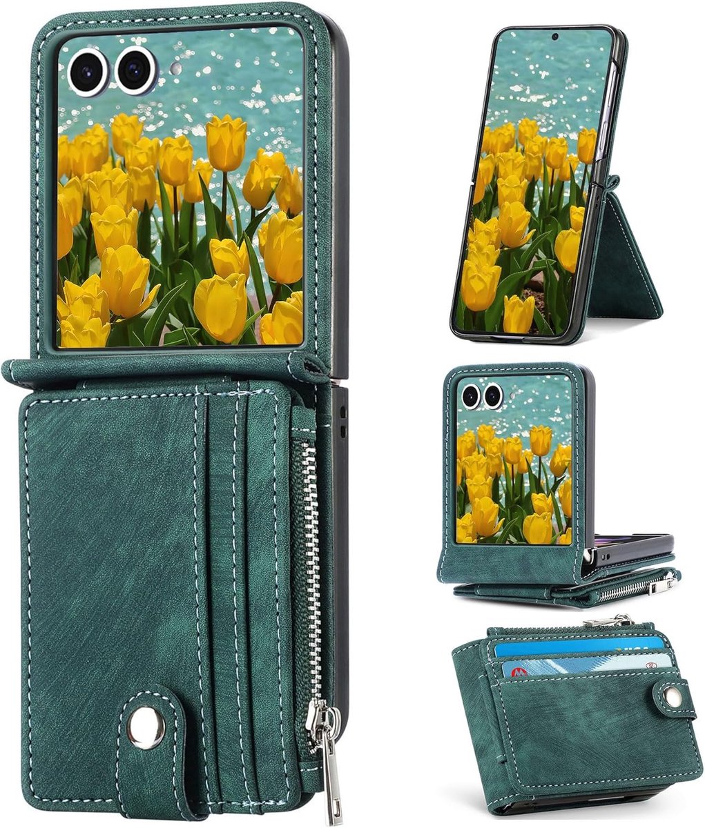 Zandarix Geschikt voor Samsung Galaxy Z Flip 7 - PU-leren - Kaartenvak - Klaphoes - Back Cover Hoesje - Groen