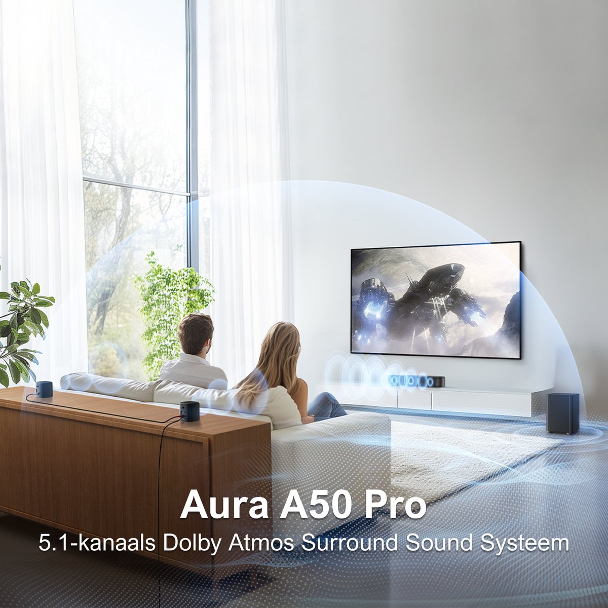Afbeelding 2 van ULTIMEA Aura A50 Pro Home Theatre-systeem: 5.1-kanaals Dolby Atmos-soundbar met subwoofer en 2 surroundspeakers