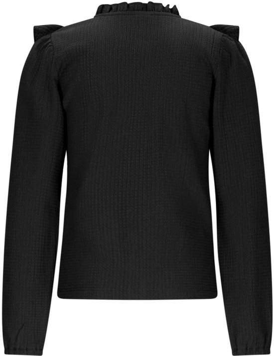 Zwarte blouse met ruches op de schouders en kraag, van achteren gezien.