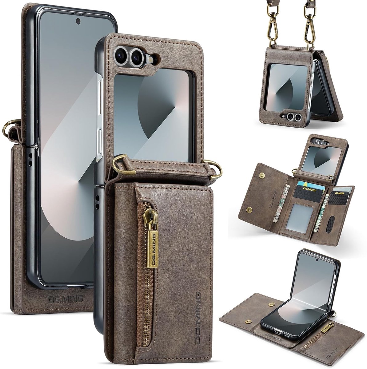 Zandarix Geschikt voor Samsung Galaxy Z Flip 7 - Mat lederen hoesje met ritssluiting - Schouderriem - Back Cover Hoesje - Coffee