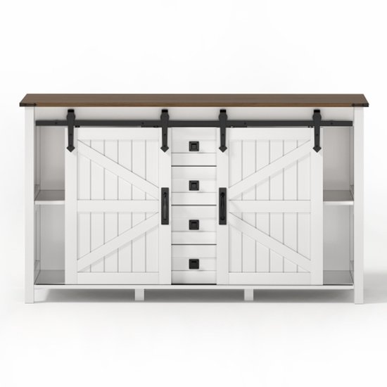 Dressoir met opbergruimte, 137 cm brede zijkast met schuifdeuren en 4 lades, vintage koffiebar dressoir, geschikt voor keuken, eetkamer en woonkamer, wit