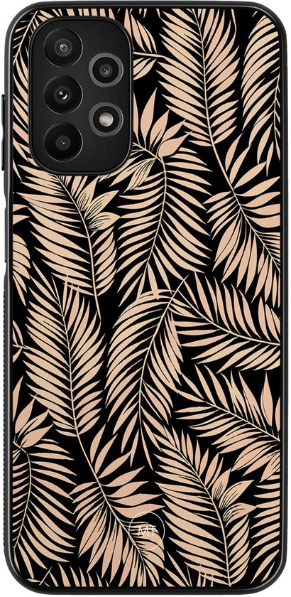 Coque de téléphone noire avec un motif de feuilles de palmier brunes.