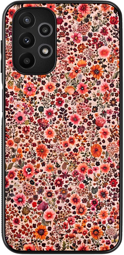 Coque de téléphone rose avec un motif floral multicolore détaillé et un contour noir.