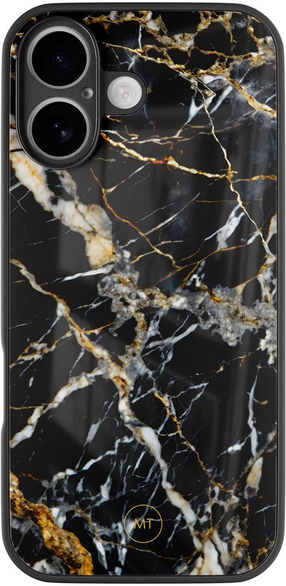 Coque iPhone 12 noire avec un imprimé marbre noir, doré et blanc.