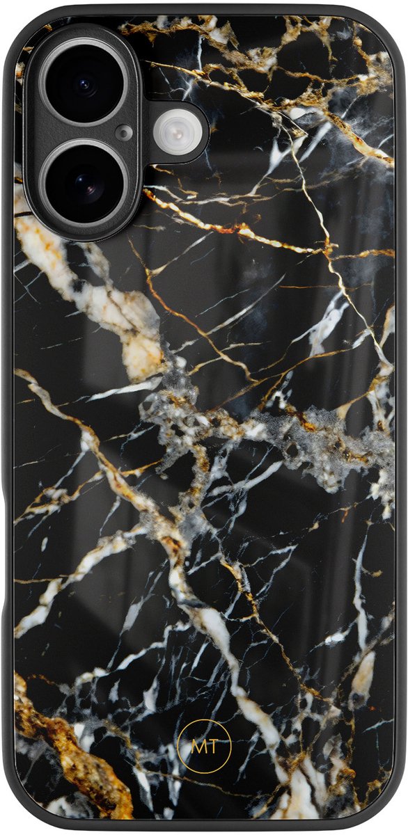Hoesje geschikt voor iPhone 16 - Black marble elegance - Luxe Hard Case - Marmer - Zwart - Mooie Telefoonhoesjes