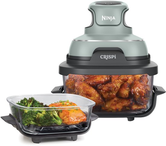 Ninja CRISPi 4-in-1 compact glazen kooksysteem - Airfryer, Roast, Recrisp, Keep Warm - Inclusief twee glazen schalen van 3.8L en 1.4L en bijpassende deksels - 2 Crisper-Plates - Groen - FN101EUSG