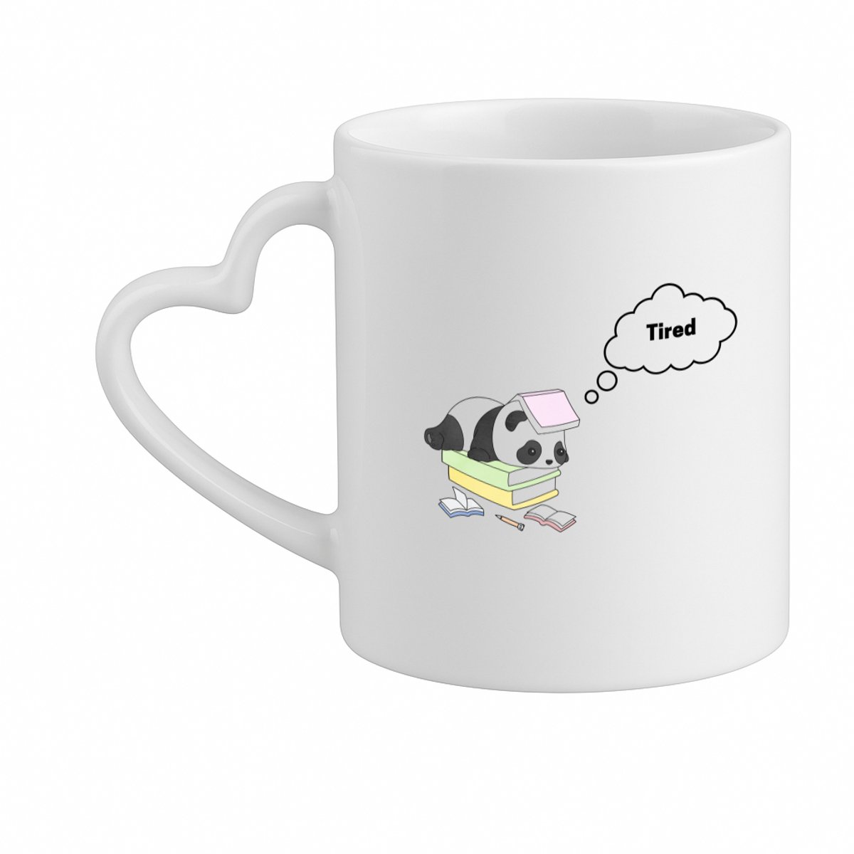 Hacebo® - tired panda koffiebeker met hart oor wit - panda liefhebbers - thee mok - koffie beker - panda die ligt op een stapel boeken - verjaardag - dieren liefhebbers - cadeau - kado - geschenk - verjaardagscadeau - koffiemok - 330 ML