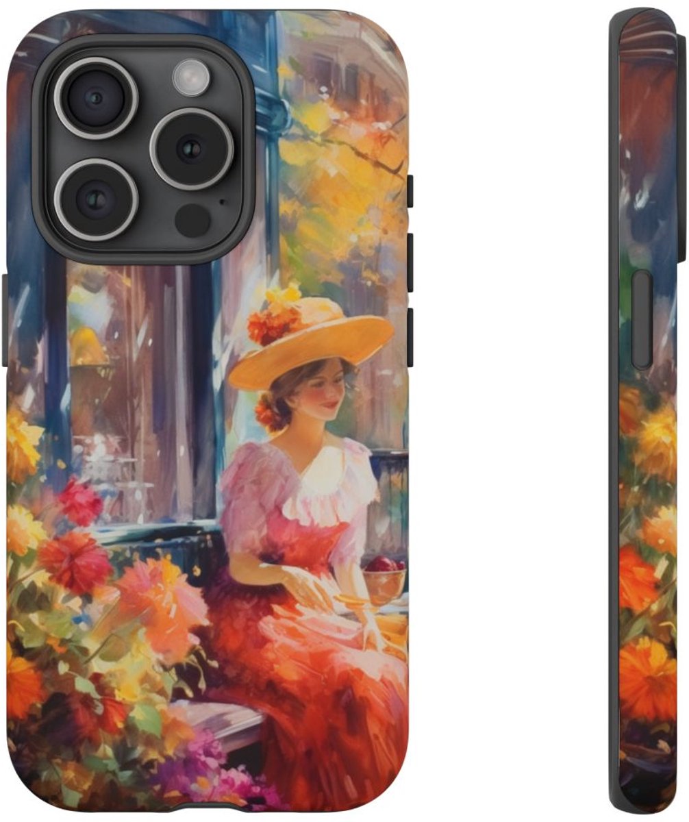 Vrolijke Vrouw in Bloementuin – Telefoonhoesje Geschikt voor iPhone 15 Pro