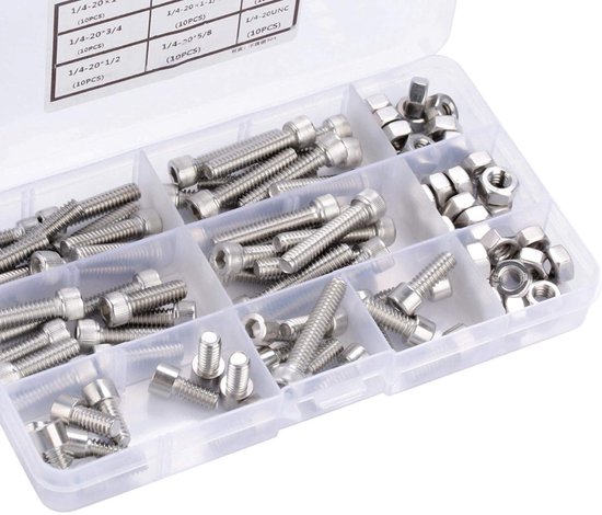 Cap Screws - 90Pcs - 1/4-20 UNC - 304 Stainless Steel - Hex Socket Bolts - Machine Tools - Accessories - Plastic Box van Merkloos	 — afbeelding 4