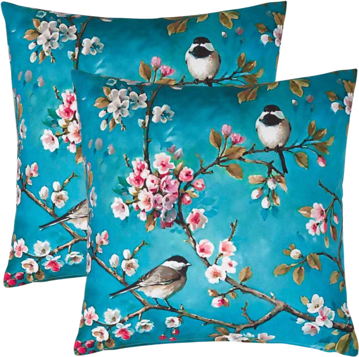 Homescapes buitenkussens – set van 2 tuinkussens & sierkussens voor tuin – waterafstotend & weerbestendig – 45x45 cm – blauw, “Vogels & Bloementakken” – voor tuin & terras