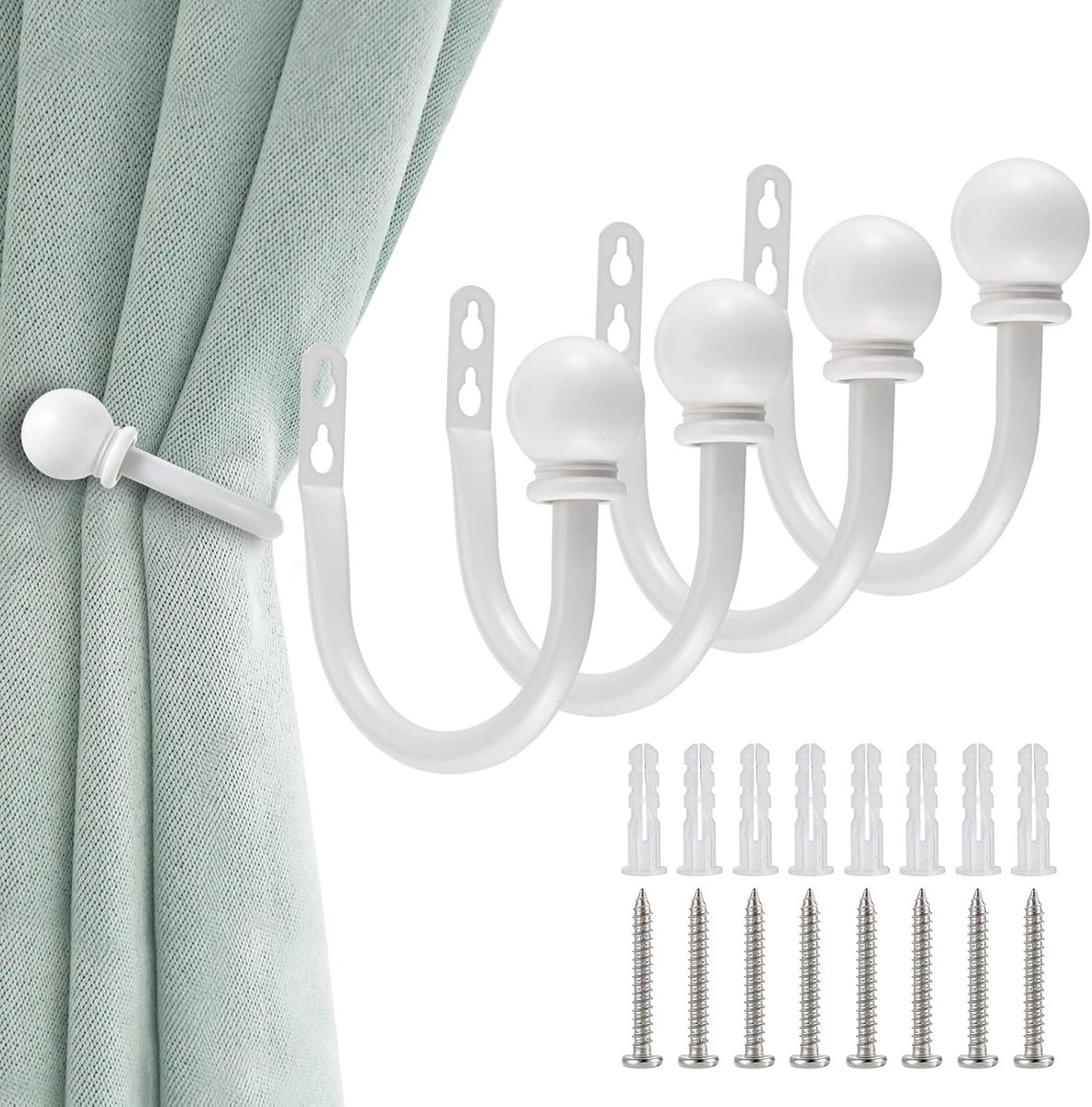 Set van 4 decoratieve gordijnhouders, aan de muur te bevestigen aluminium raamgordijnhouders voor slaapkamer, woonkamer en kantoor, inclusief schroeven, wit