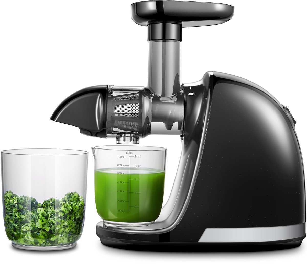 AMZCHEF Slowjuicer - Sapcentrifuge voor Groenten en Fruit - Met 2 Bekers & Reinigingsborstel - BPA-vrij - Stille Werking - Gemakkelijk Schoon te Maken - Zwart