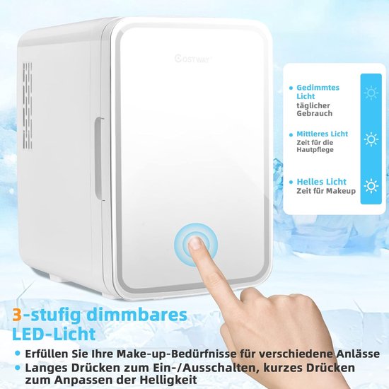 COSTWAY Mini koelkast, 10 L Draagbare AC / DC schoonheid koelkast met LED-spiegel, afneembare planken voor huidverzorging, make-up, drank, Compacte koelkast, Thermo-elektrische koeler / verwarming voor auto, slaapkamer van Costway — afbeelding 3