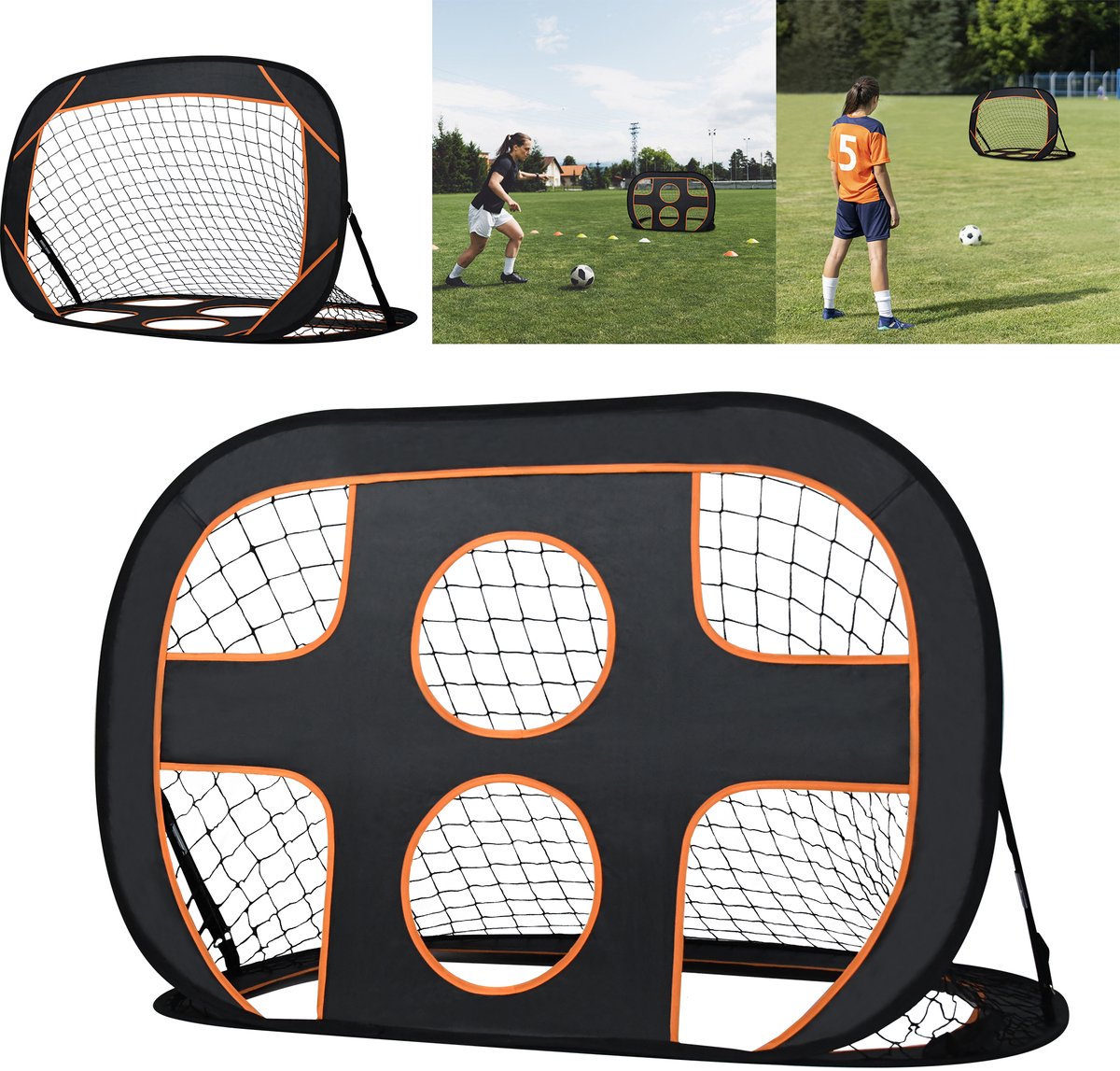 Kindervoetbaldoel, 2-in-1 pop-up voetbaldoel, trainingsvoetbaldoel, inclusief draagtas en spikes, voor binnen- en buitenvoetbaltraining (120 x 80 x 80 cm)