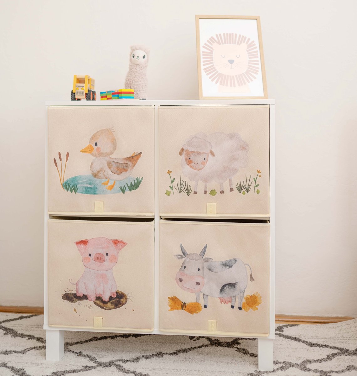 Muuzey Opbergmanden Kinderkamer - Set van 4 Opbergboxen voor Kallax Kast - Speelgoed Opbergdoos - 33x33x33 CM - Speelgoedmand BabyKamer Dozen - Dierenmotief Inzetbakken - Dieren Inzetbakken
