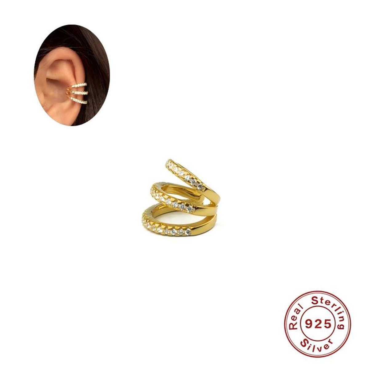 Helin life Oorbel -zilver 925 -Drielaagse diamanten earcuff - tragus klem - klipoorbellen-Oorbellen Dames Goudkleurig met Zirkonia Diamantjes -Geschenkdoos -1stuks