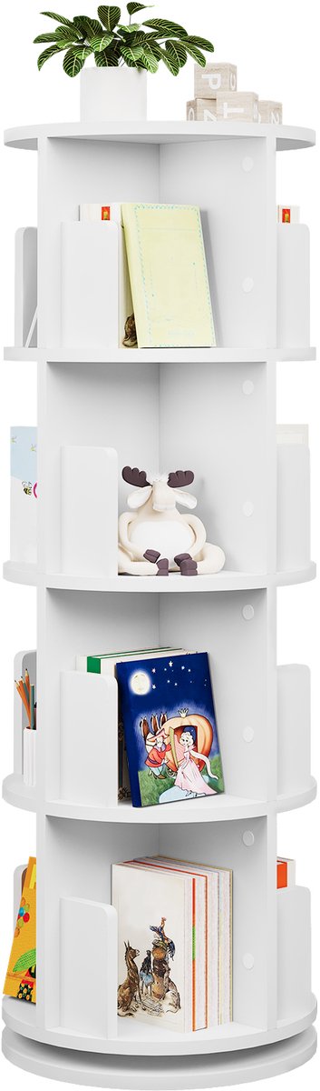 Aiverig® Roterende Boekenkast – Draaibare 360° Boekenrek met 16 Vakken – 4 Niveaus Organizer – Ruimtebesparende Smalle Boekenplank – E1 Kwaliteitshout – Wit – Ø44×127,4 CM