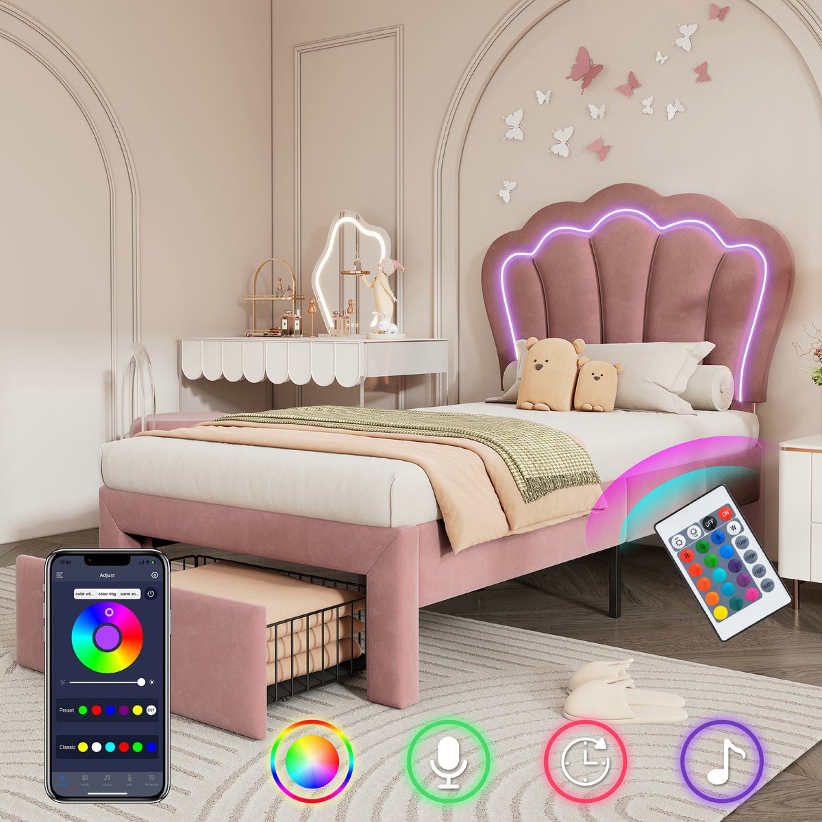VVBV Kinderbed 90x190 cm met lades en lattenbodem - Eenpersoonsbed met hoofdbord Verstelbaar bed en led-verlichting APP-bediening - fluweel - roze(Matras niet inbegrepen)