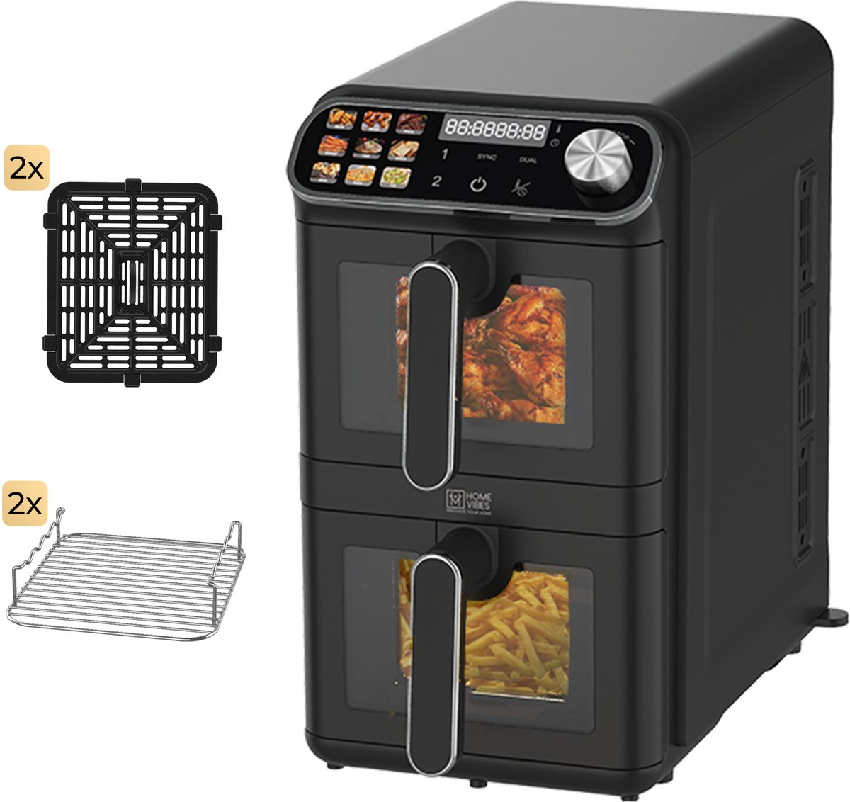 Home Vibes® Airfryer XXL – Gestapelde Lades - Heteluchtfriteuse - 2460W – 11L Air Fryer – LED Display met 9 Kookprogramma’s – Dubbele Airfryer – Met Extra Accessoires - Mat Zwart