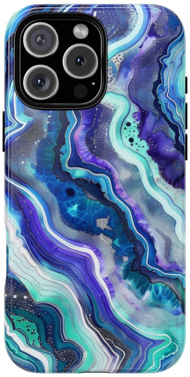 Blauw en Turquoise Geode Wervelpatroon – Telefoonhoesje Geschikt voor iPhone 16 Pro Max