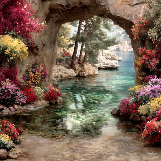 JJ-Art (Glas) 100x100 | Bloemen doorkijk door rots aan zee / meer, Italie, Spanje, landschap, bougainvillea, kleurrijk, kunst, vierkant, bloem, rood, groen, blauw, modern | Foto-schilderij-glasschilderij-acrylglas-acrylaat-wanddecoratie