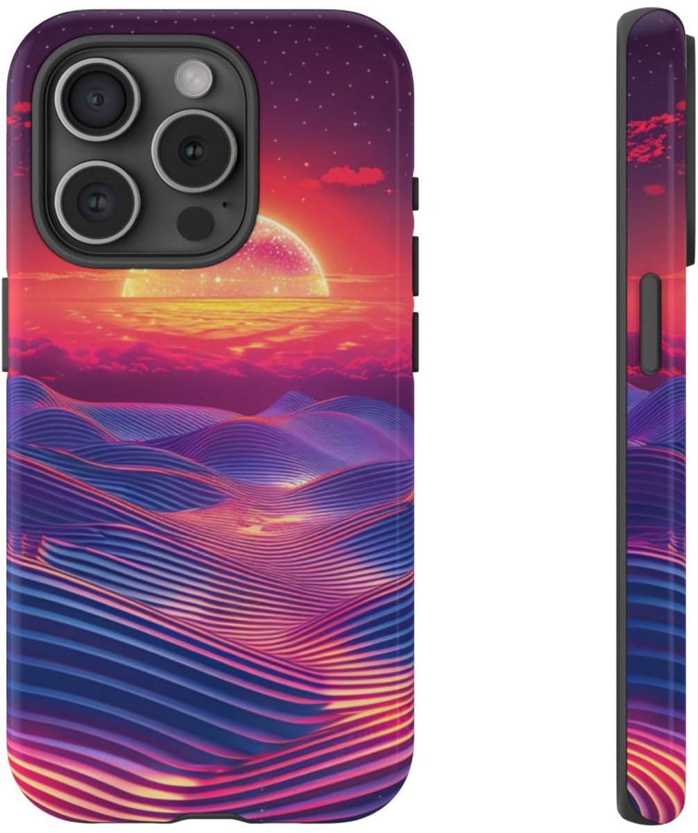 Levendige Zonsondergang met Abstracte Golven – Telefoonhoesje Geschikt voor iPhone 15 Pro