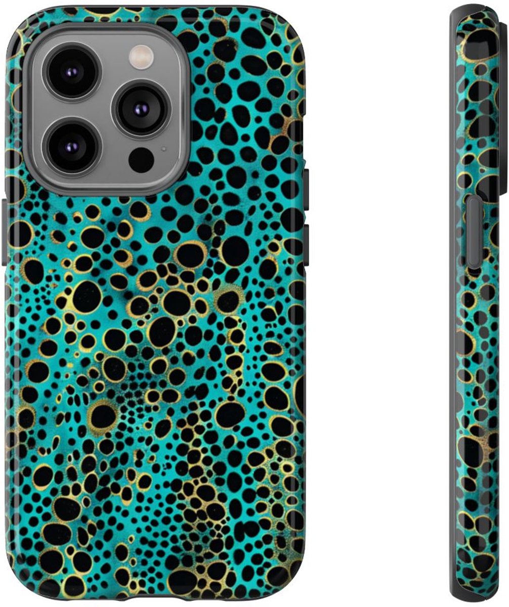 Turquoise en Zwart Abstract Stippenpatroon – Telefoonhoesje Geschikt voor iPhone 14 Pro