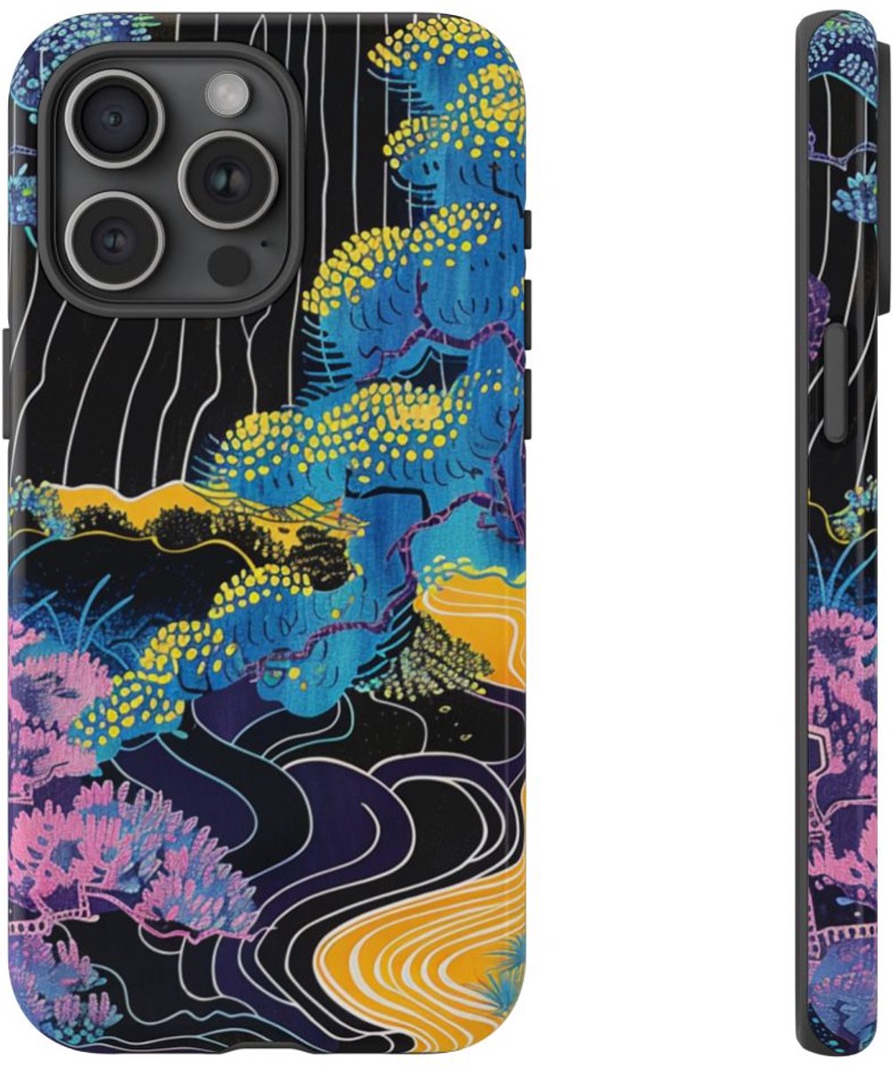 Kleurrijke Abstracte Bomen en Rivier – Telefoonhoesje Geschikt voor iPhone 15 Pro Max
