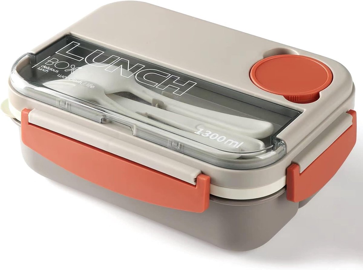 Lunchboxen - lunchbox - lunchbox volwassenen - lunchbox kinderen - 1300ML Stapelbaar voor Volwassenen - Lekvrije Container met Compartimenten - 4-in-1 Lunchbox Sauskom Bestekset - Magnetron Vaatwasserbestendig Beschikbaar (Beige)