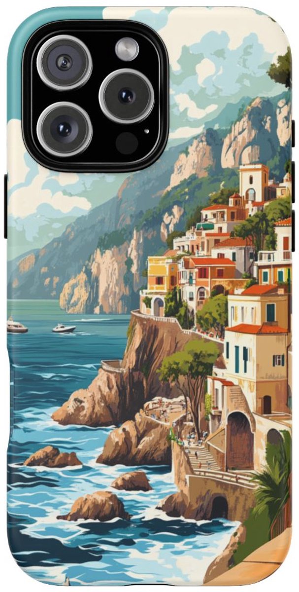 Retro Illustratie van de Amalfikust – Telefoonhoesje Geschikt voor iPhone 16 Pro Max