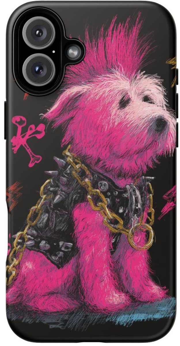 Punk Hond met Roze Hanenkam Illustratie – Telefoonhoesje Geschikt voor iPhone 16 Plus
